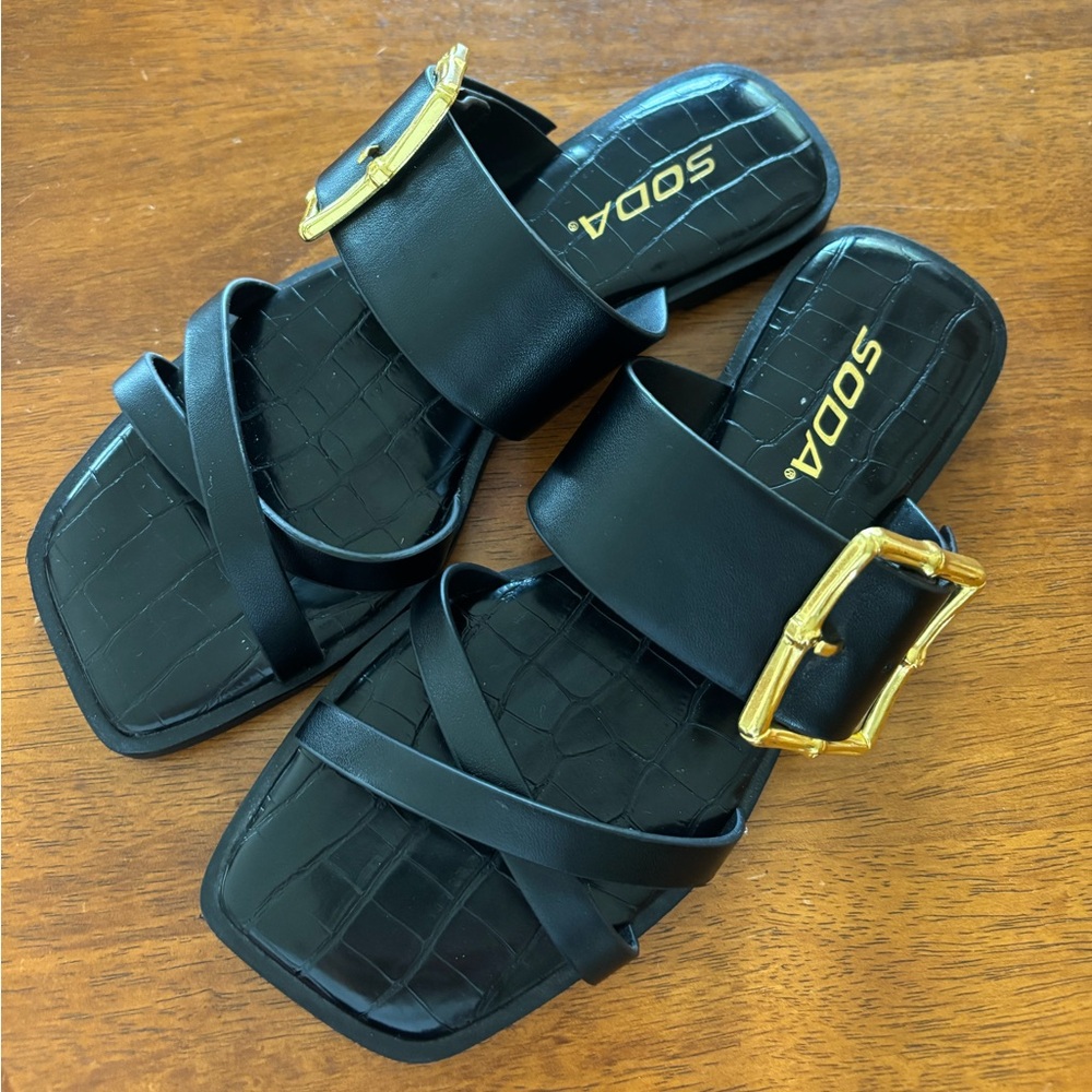 NWOB, SODA Black Slide Sandals with Gold Buckle, 6.5